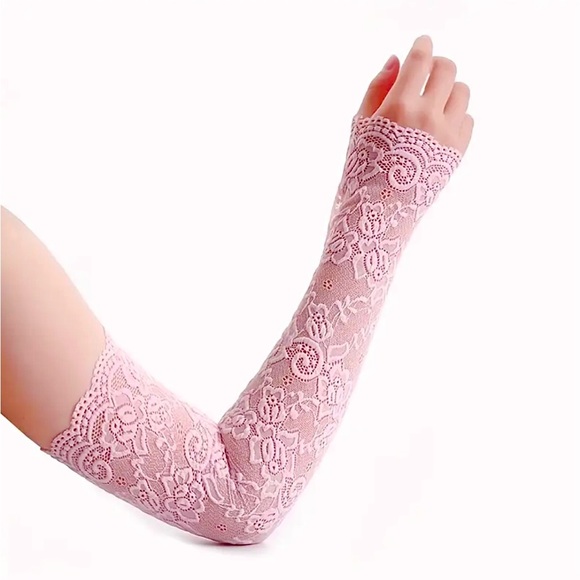 Pink Lace Elbow Gloves Fingerless Formal Gloves Pair NEW - Picture 4 of 4